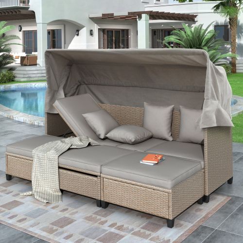 4 Piece UV-Proof Resin Wicker Patio Sofa Set with Retractable Canopy, Cushions and Lifting Table 4 Piece UV-Proof Resin Wicker Patio Sofa Set with Retractable Canopy, Cushions and Lifting Table