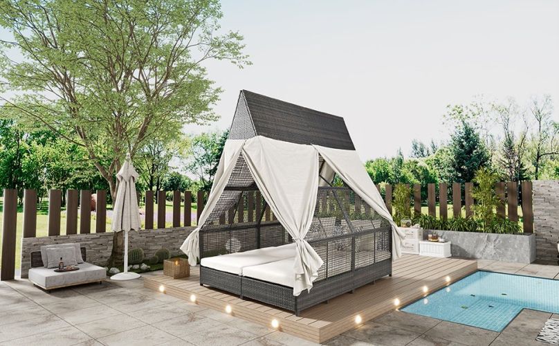 Outdoor Daybed Patio Lounge Bed with Adjustable Backrest Outdoor Double Sun Lounger with Curtains, 4 Pillows for Garden Patio Poolside Balcony Beach, Outdoor Daybed Patio Lounge Bed with Adjustable Backrest Outdoor Double Sun Lounger with Curtains, 4 Pillows for Garden Patio Poolside Balcony Beach,